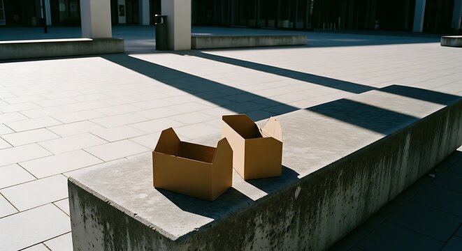 Two open brown cardboard boxes on a concrete bench in an urban plaza