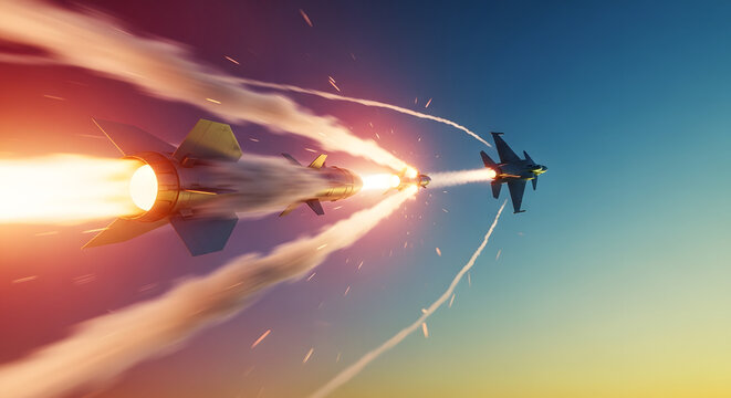 A fighter jet engages a missile in a fiery aerial battle against a vibrant sky.