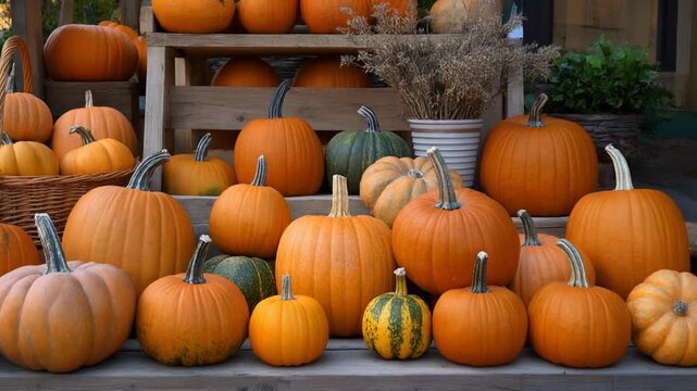 Vibrant orange pumpkins and gourds arranged on rustic wooden table at autumn harvest market with natural fall decorations