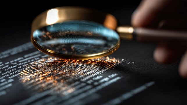 Hand holding a magnifying glass over a document, digital footprint icons visible, forensic data investigation concept 