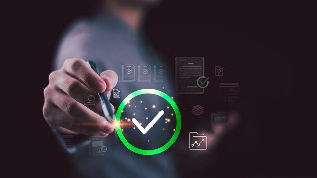 Auditor reviewing checklist approval, compliance, verification, documentation, workflow, quality control, security, validation, management, and paperless audit process in a modern digital system.