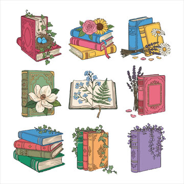 Vintage book stacks decorated with flowers and ivy in decorative hand drawn vector illustration style for romantic literature and library themes