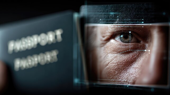 Hand holding a passport, digital facial recognition scan frame overlaying the photo, border security and e-passport concept 