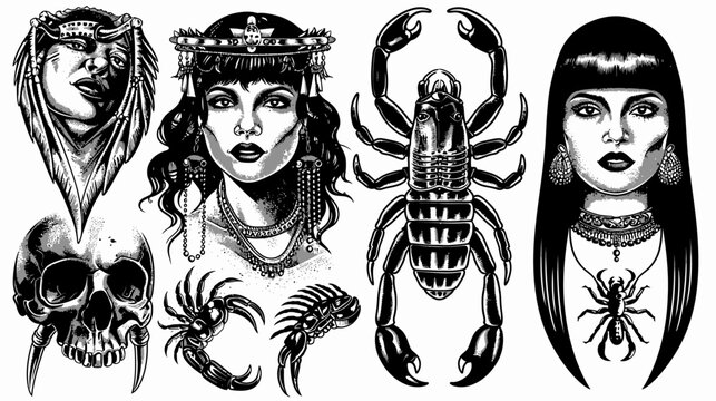 Artful monochromatic collage of faces, skull, and scorpions in stylized linework