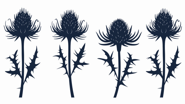 Four thistle flower silhouettes stand tall against a white background, stylized design
