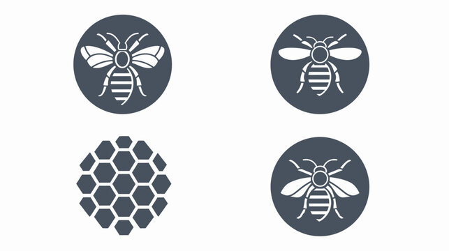 Vector graphic with bee and honeycomb icons in gray circles on a white background
