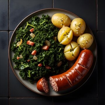Traditional German Braunkohl and Bregenwurst - Hearty Stewed Kale with Smoked Sausage, Boiled Potatoes and Mustard - Authentic Lower Saxony Winter Comfort Food - Professional Food Photography