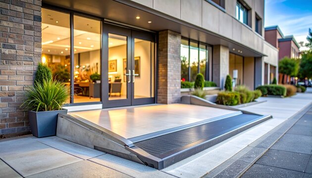 A modern building exterior with a ramp entrance and glass doors on a city street
