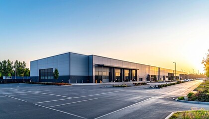 Obraz premium A large industrial building with a parking lot and sunset background at dusk