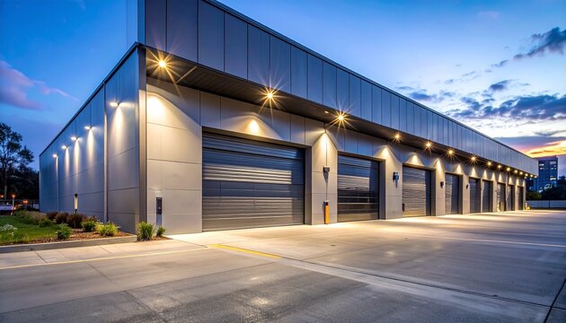Large industrial building with multiple garage doors at dusk outside