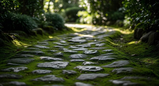 A mossy stone path winding through a sun-dappled garden, inviting exploration and tranquility