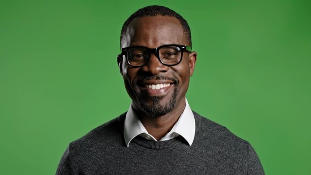 Smiling African American man wearing glasses in front of green background