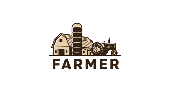 Farm scene with barn, silo, tractor, and farmer text, a rural agricultural illustration.