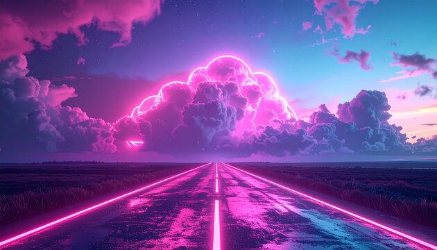 A vibrant pink neon-lit road stretches into the distance under a dramatic stormy sky with lightning.