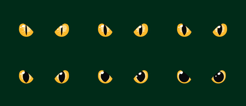 Set of yellow purple glowing eyes dark green background fantasy magic cartoon animal reptile. feline mammal monster demon dragon shiny pupil vector illustration