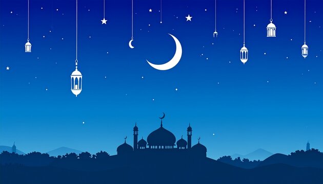 Night scene with mosque silhouette under crescent moon and hanging lanterns