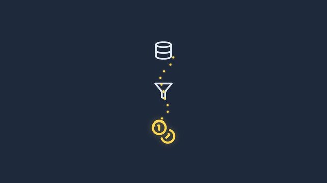 Data processing funnel illustration transforming raw data into valuable financial assets through filtration and refinement, symbolizing efficient data management for economic growth