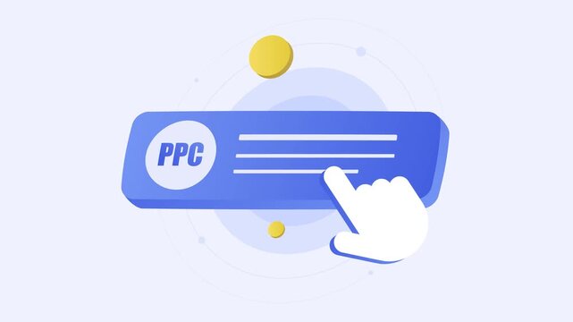 Pay per click advertising campaign with cursor hand clicking blue PPC banner. Online marketing strategy for business profit and ppc advertising traffic conversion. 2D loop animation motion graphics