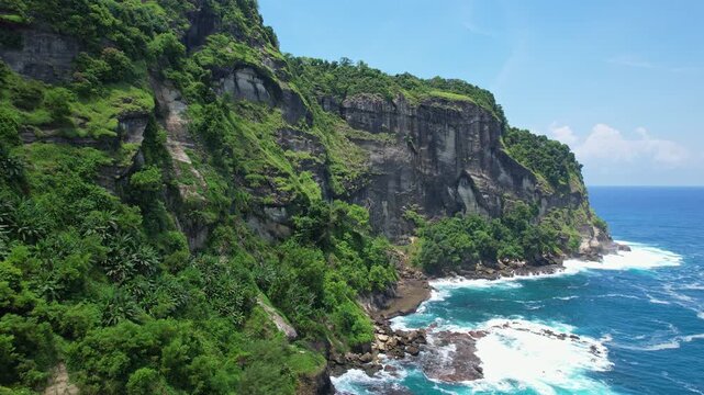 Aerial drone footage of Pangasan beach eastern side, with tall cliffs, large green vegetations, many waves and blue sea, in a sunny weather, in Pacitan regency, Java island, Indonesia