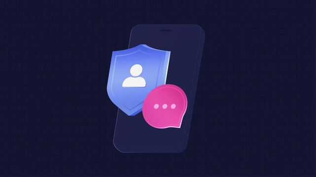 Mobile app security animation with protective user profile shield and pink chat bubble on smartphone. Secure chatting app for private messaging and user data privacy. Loopable Motion graphics video