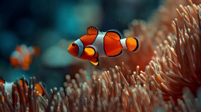 Clownfish swimming in coral reef underwater scene
