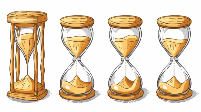 Four hourglasses showing stages of sand falling, colored sketch on a white backdrop