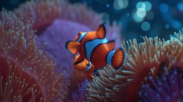 Clownfish swimming in coral reef underwater scene