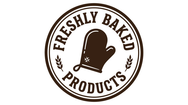 Freshly baked products logo with oven mitt and circular design.