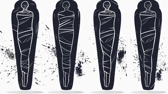 Four dark, stylized mummy sarcophagi stand among black paint splatter on white background