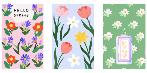 Colorful floral patterns with spring greetings displayed in vertical panels © Apurba