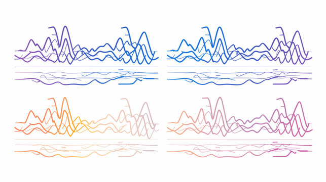 Four stylized soundwaves of varying colors with reflected base lines on white