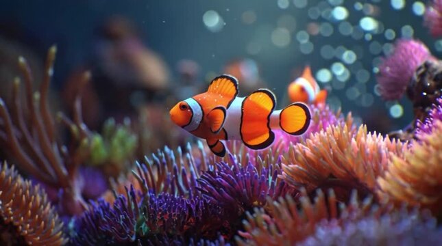 Clownfish swimming in coral reef underwater scene