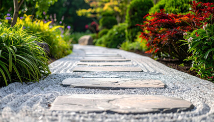 Obraz premium stone pathway through serene garden landscape.