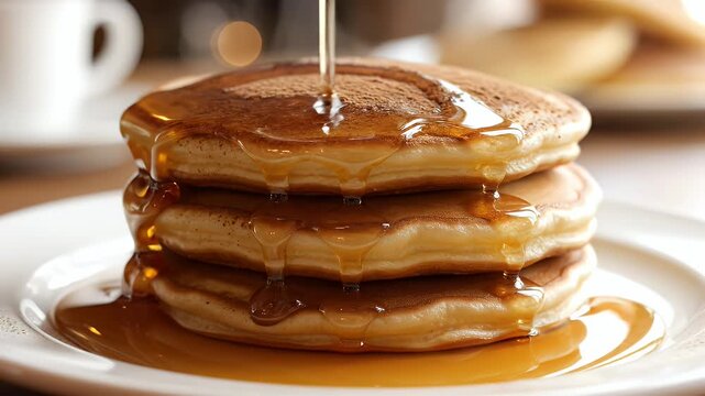 Syrup pouring over stacked pancakes with powder for breakfast