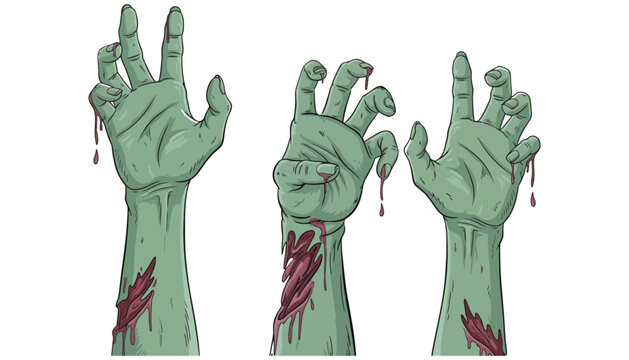 Zombie hands illustration with blood and wounds on white background