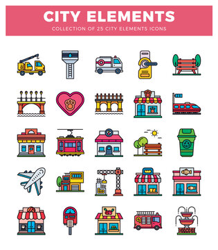 City elements icons including transportation. services. and buildings