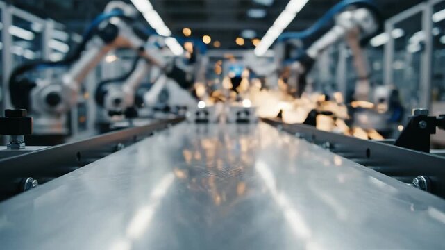 Clean, metallic assembly line surface with a blurred, dynamic factory background. Perfect for product presentation video