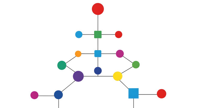 A complex hierarchical diagram featuring a symmetrical arrangement of colorful geometric circles and squares connected by thin black lines set against a stark, solid black background for data mapping.