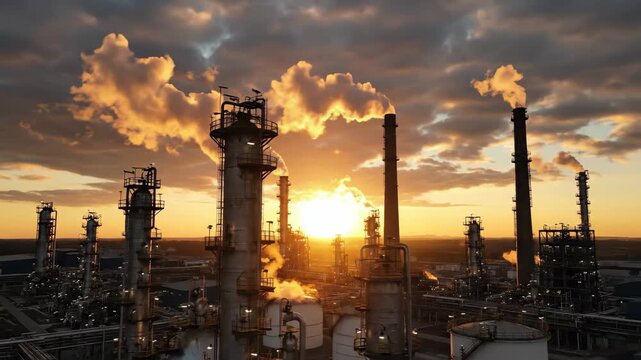Close up Industrial view at oil refinery plant form industry zone with sunrise and cloudy sky