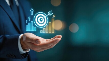 Fototapeta premium Businessman hand holding glowing hologram of target with arrow bar chart and growth arrows symbolizing strategy success achievement data analysis marketing goal financial profit