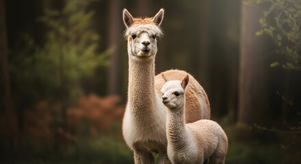 Fototapeta premium Two alpacas in a forest a portrait of gentle south american camelids