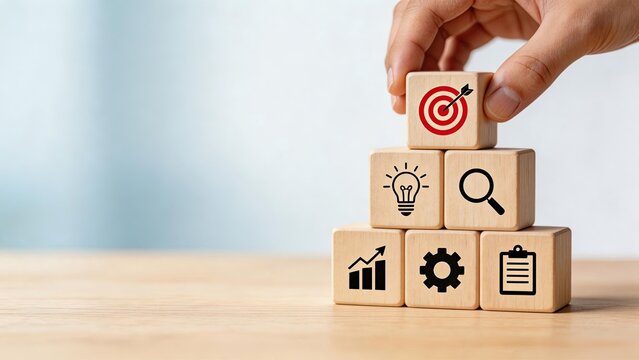 Hand placing wooden block with target icon on pyramid of blocks featuring business symbols for strategy planning growth innovation analysis and management concepts on desk