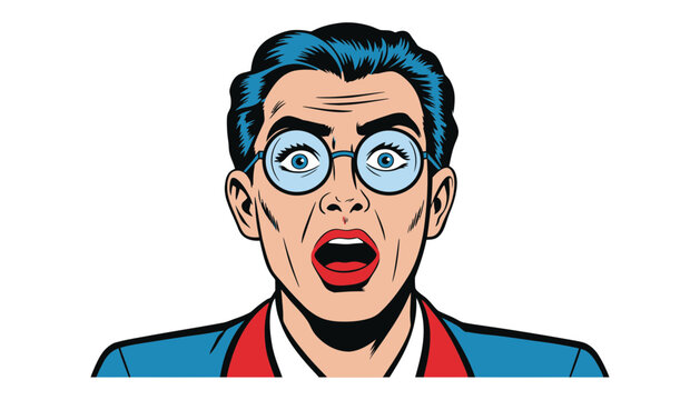 A shocked cartoon man with glasses and blue hair looks surprised