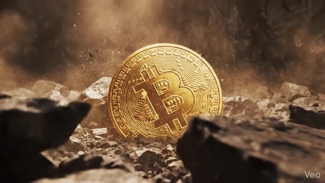 Successful cryptocurrency mining discovery featuring a gleaming golden bitcoin coin unearthed from deep rocky soil layers, radiating a brilliant flare as a valuable digital treasure.