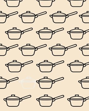 Seamless pattern of cookware including pots and pans arranged in repeat layout for culinary design.