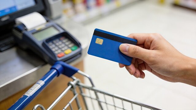 Customer paying with a blue credit card at a supermarket checkout counter holding a shopping cart in a retail store environment closeup view of hand and payment terminal