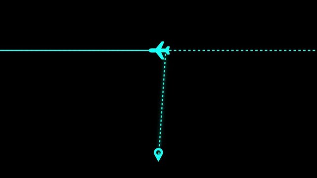 A teal airplane follows a dotted path from a starting point to a location pin