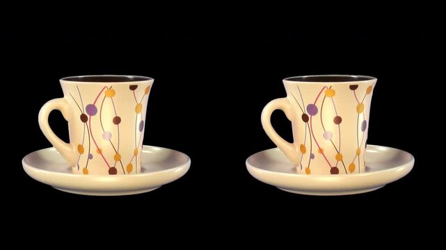 Side-by-side (SBS) 3D rotating coffee cup isolated on black background