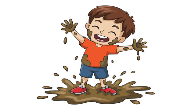 A happy boy playing in a mud puddle with brown mud all over