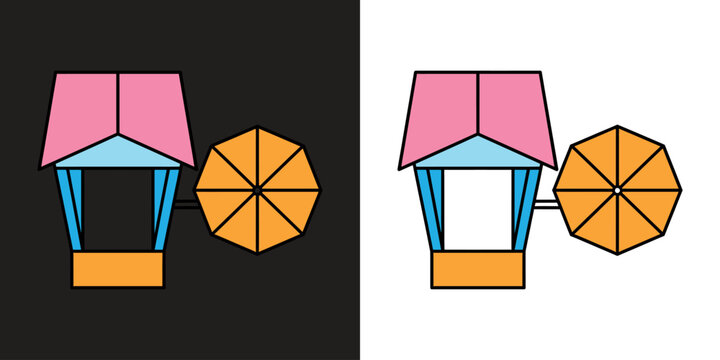 traditional wooden spinning wheel and privet cabin flat design vector illustration